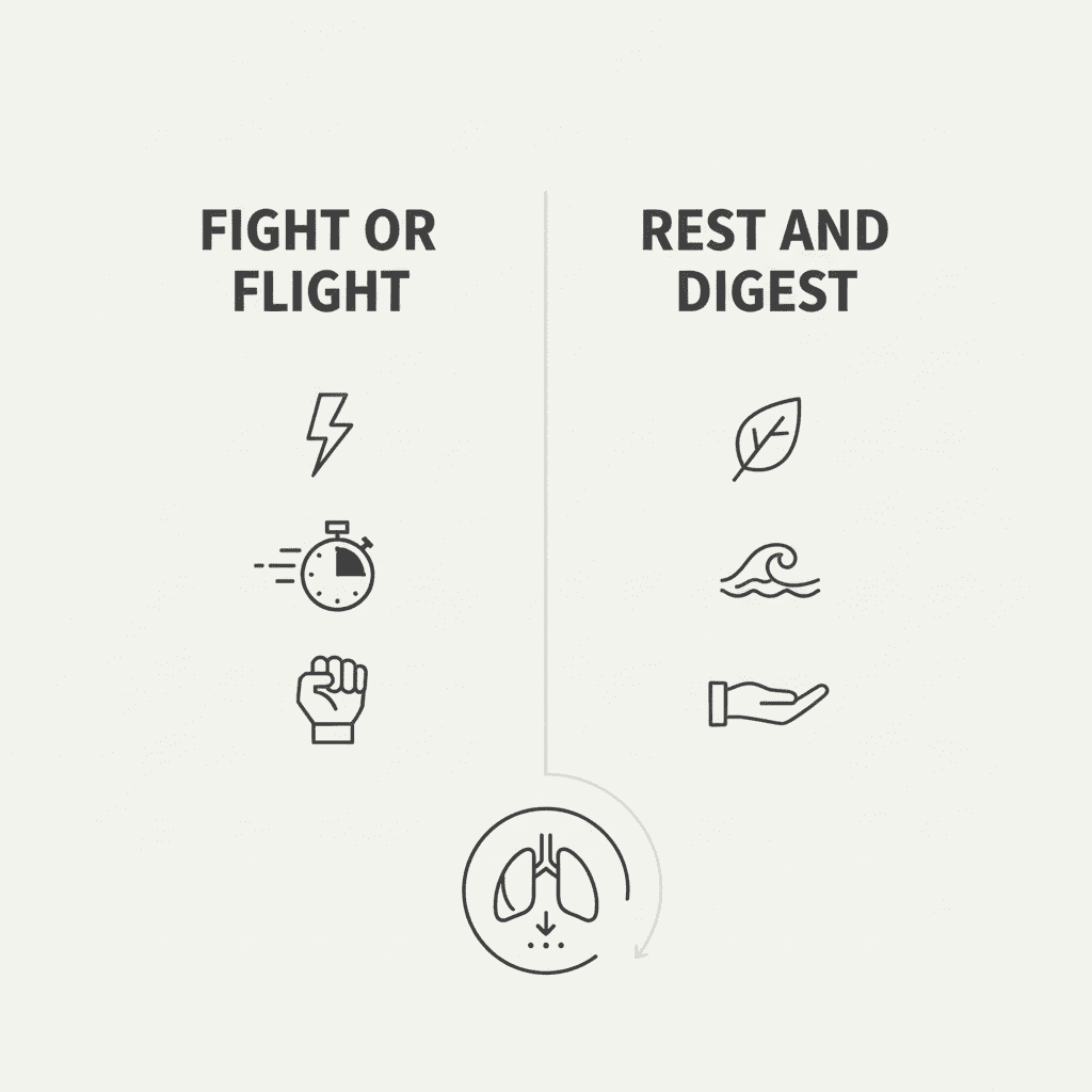 Simple diagram showing fight-or-flight versus rest-and-digest and how slow breathing supports regulation