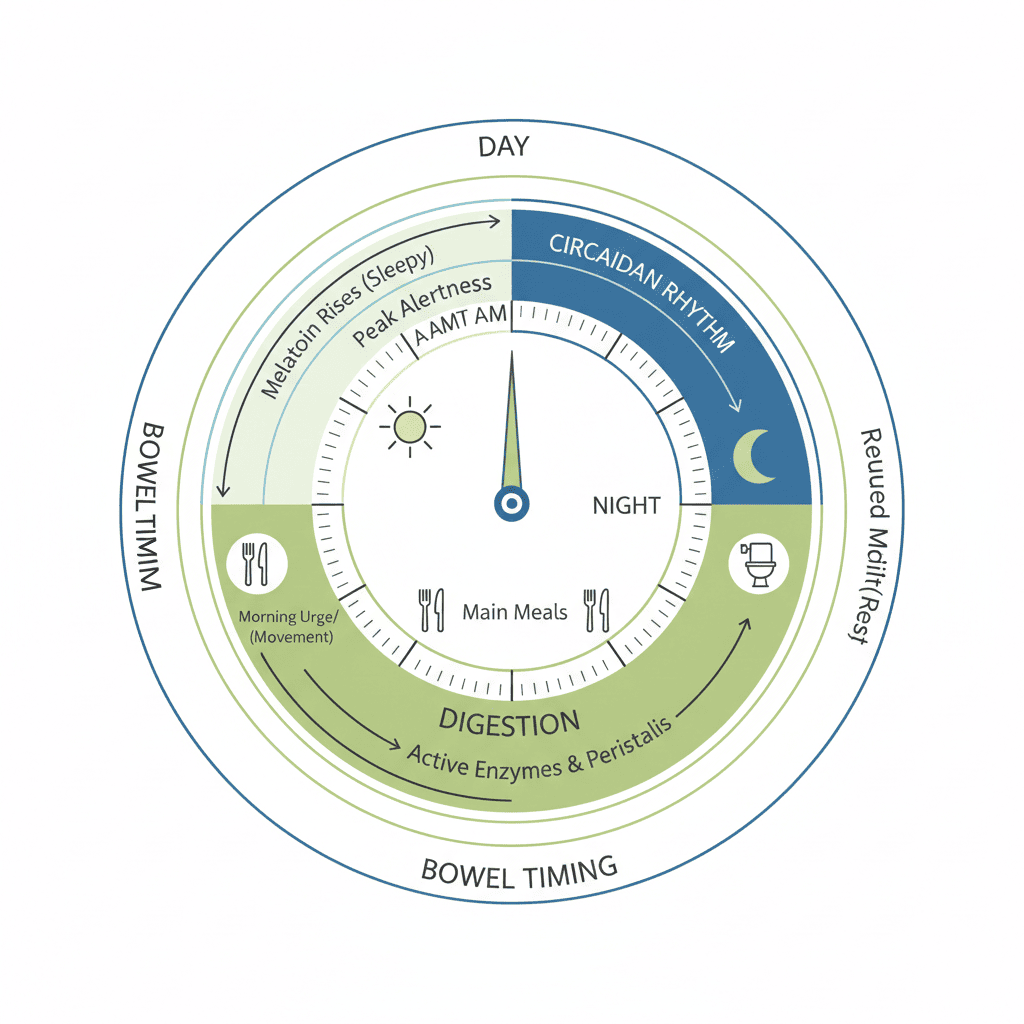 Minimal diagram showing a 24-hour circadian rhythm cycle connected to digestion and bowel timing