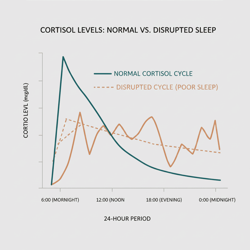 Simple chart showing normal cortisol rhythm versus disrupted cortisol rhythm after poor sleep