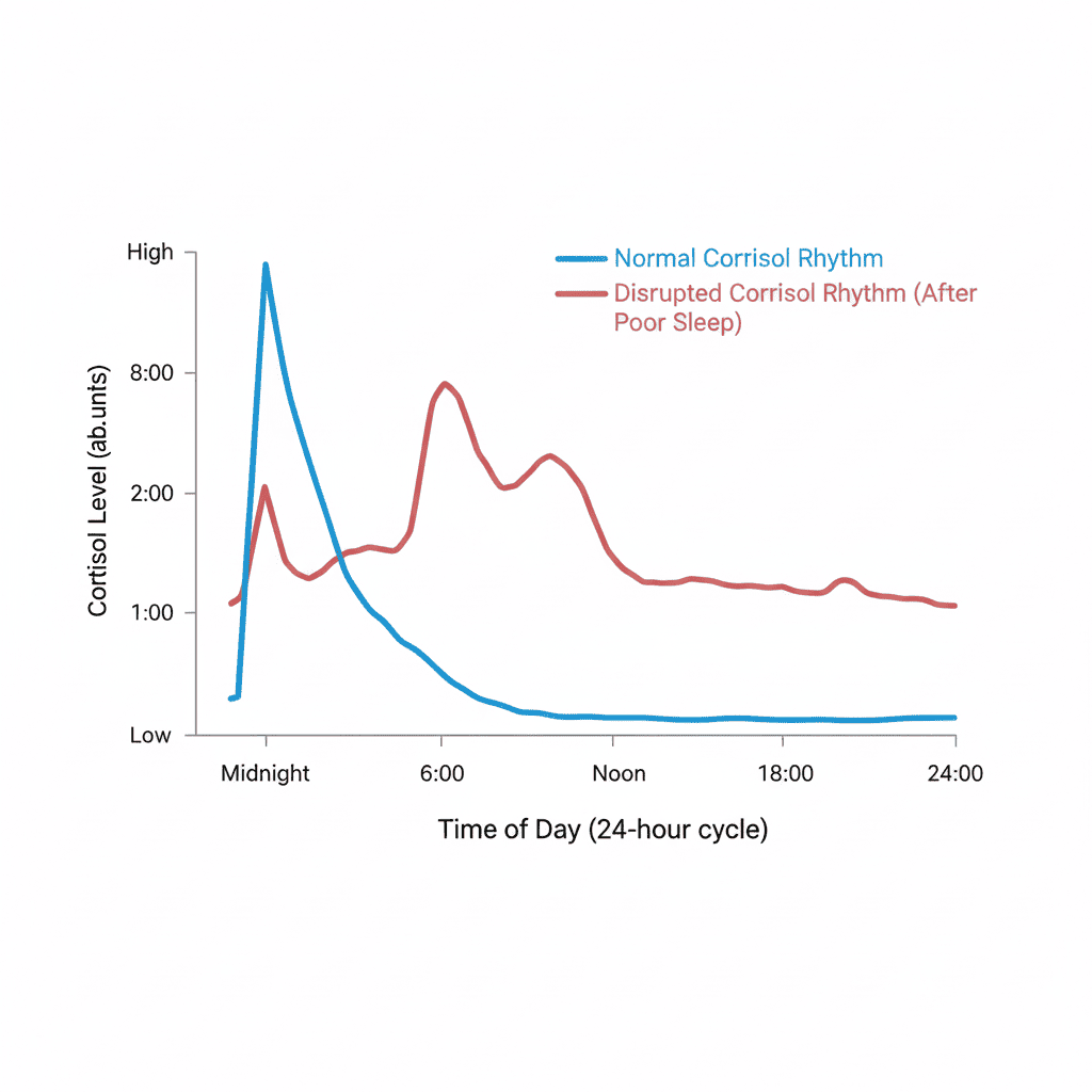 Simple chart showing normal cortisol rhythm versus disrupted cortisol rhythm after poor sleep