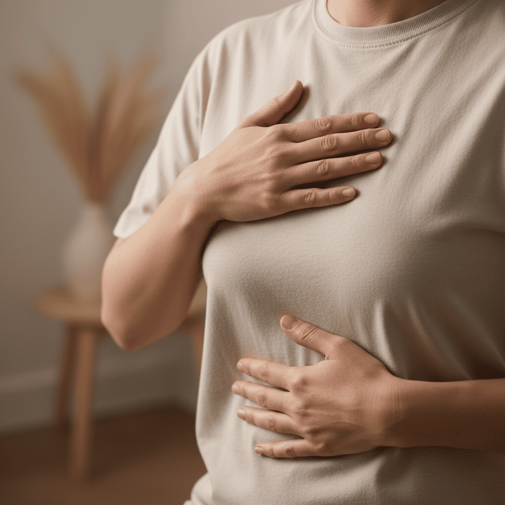 Hand placement for diaphragmatic breathing with one hand on chest and one on belly