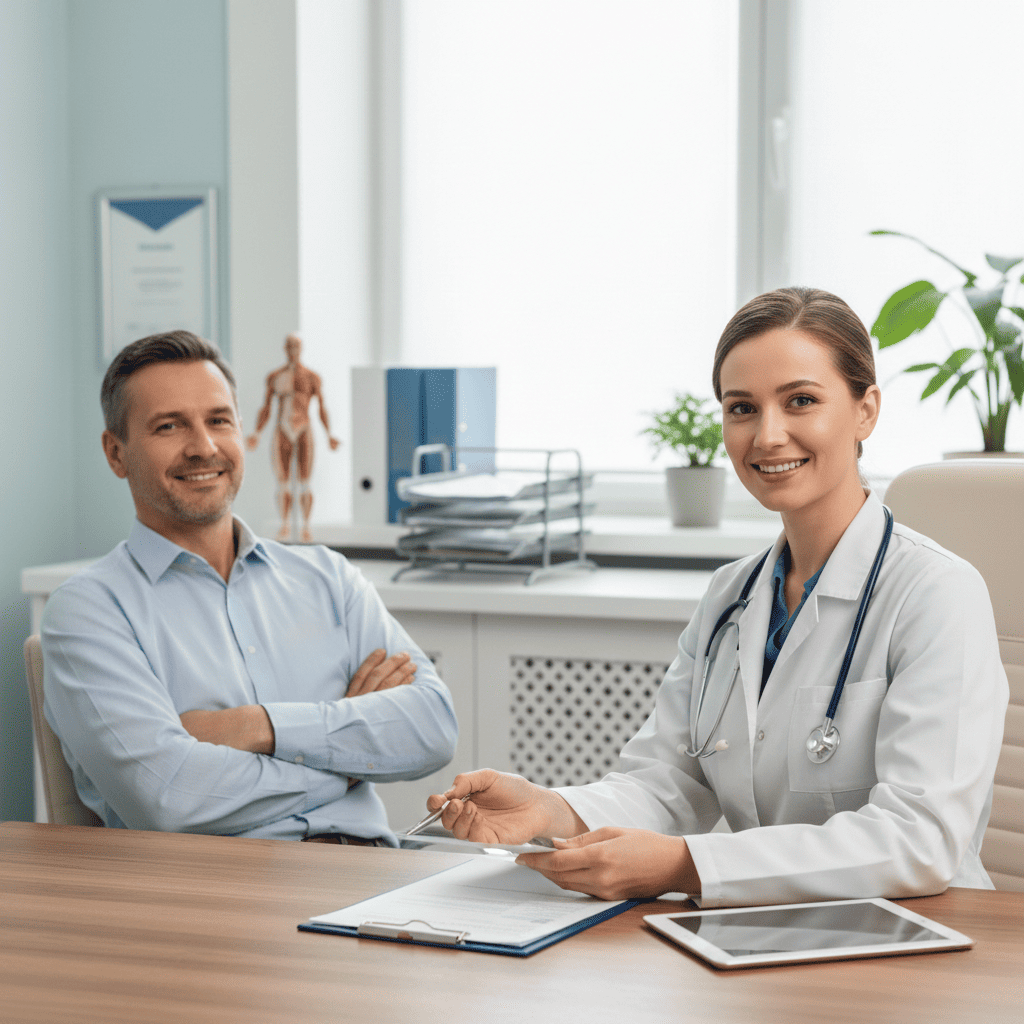 Doctor reviewing medical charts and test results to diagnose IBS, ensuring clarity and accuracy in the process.