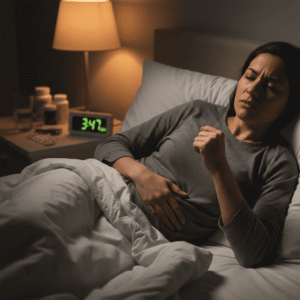 Person in bed at night holding their abdomen gently, representing IBS symptoms worsening with poor sleep