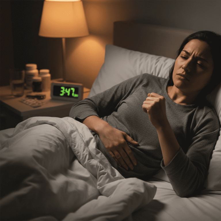 Person in bed at night holding their abdomen gently, representing IBS symptoms worsening with poor sleep