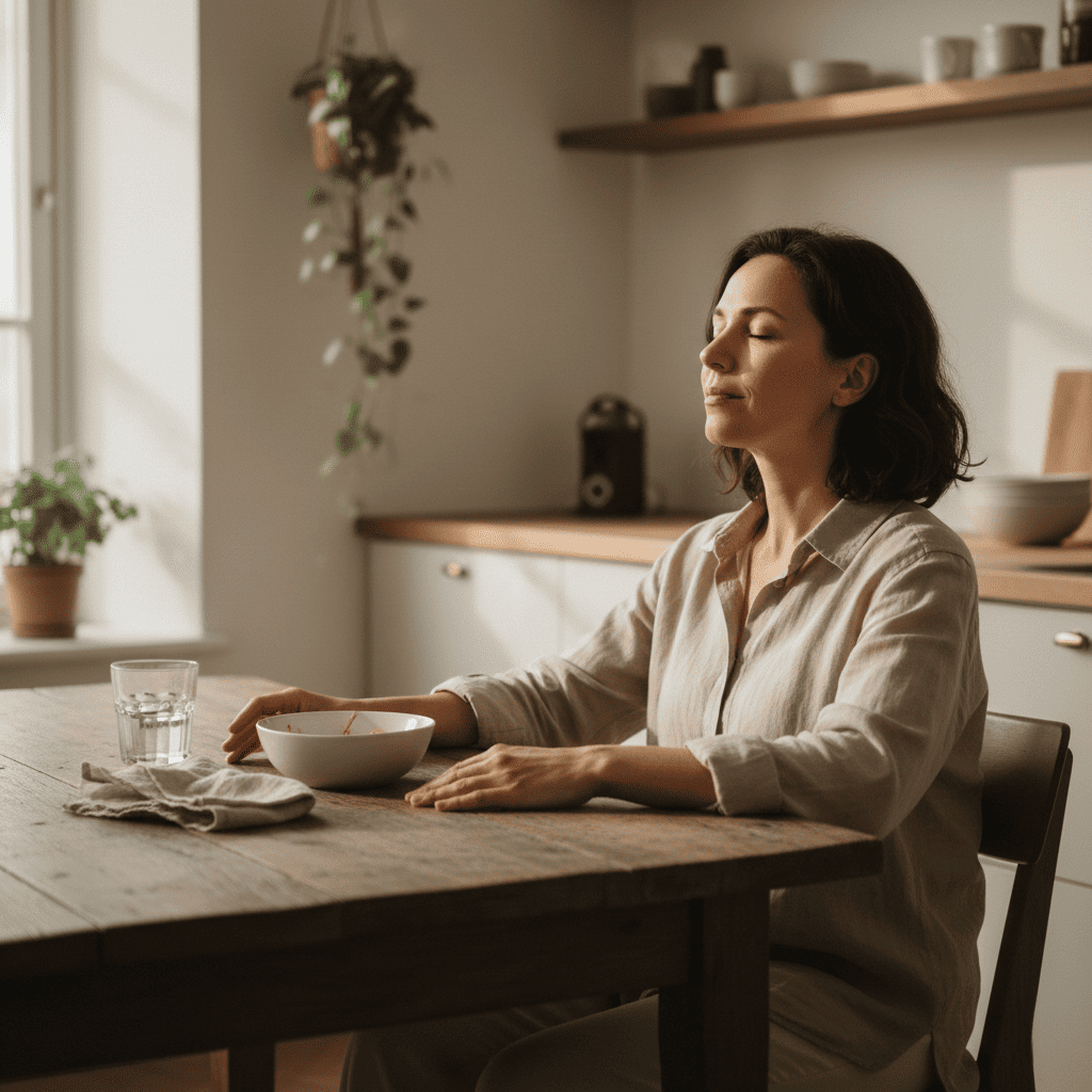 Calm person sitting comfortably after a meal practicing slow breathing to ease IBS bloating