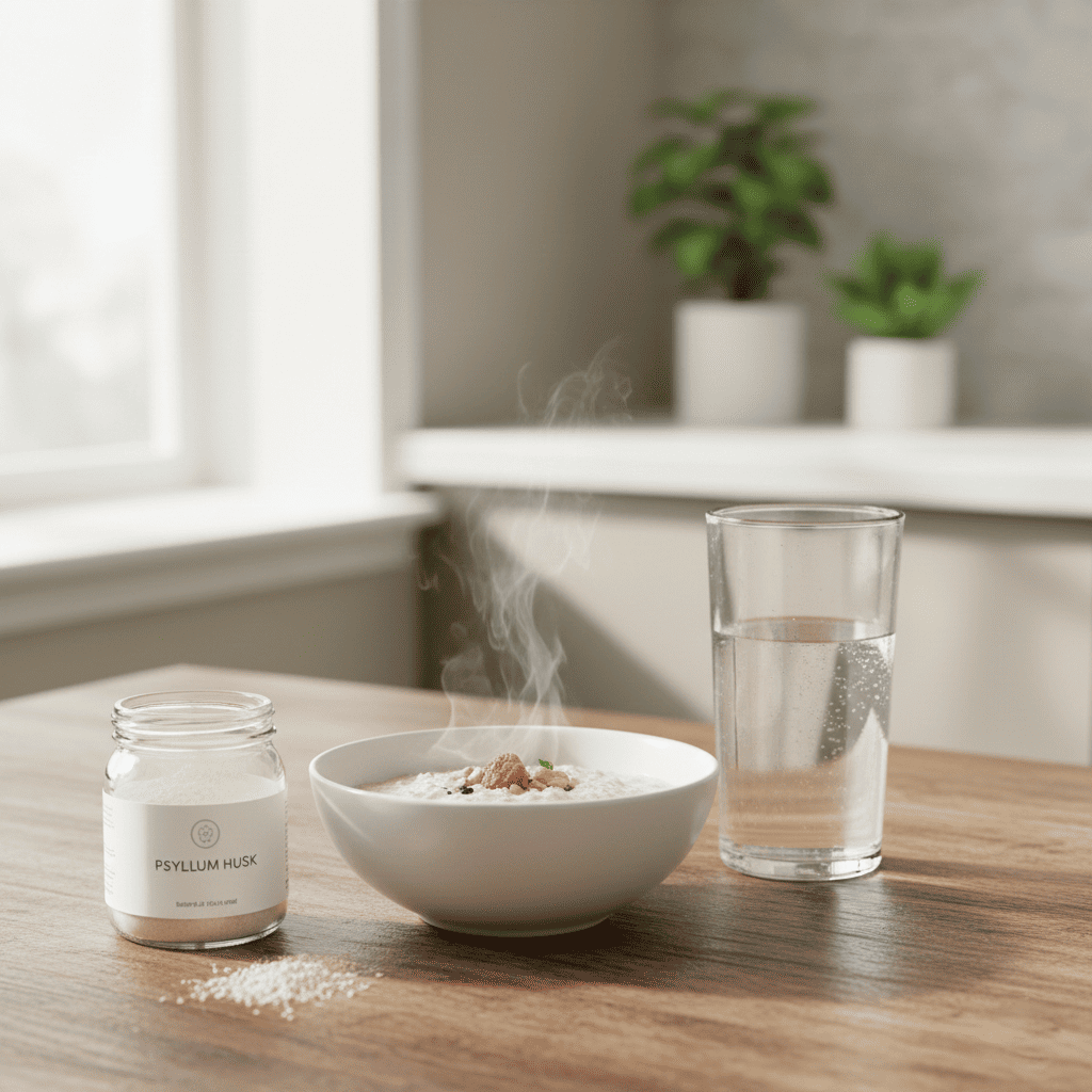 Bowl of oatmeal with a small jar of psyllium husk and a glass of water, representing IBS-C supportive soluble fiber