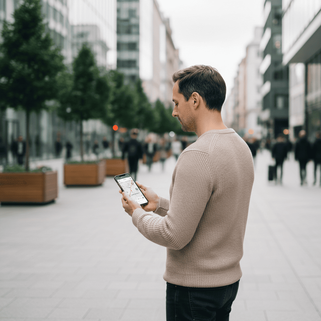 Person looking at a phone map for restrooms, representing IBS-D urgency planning