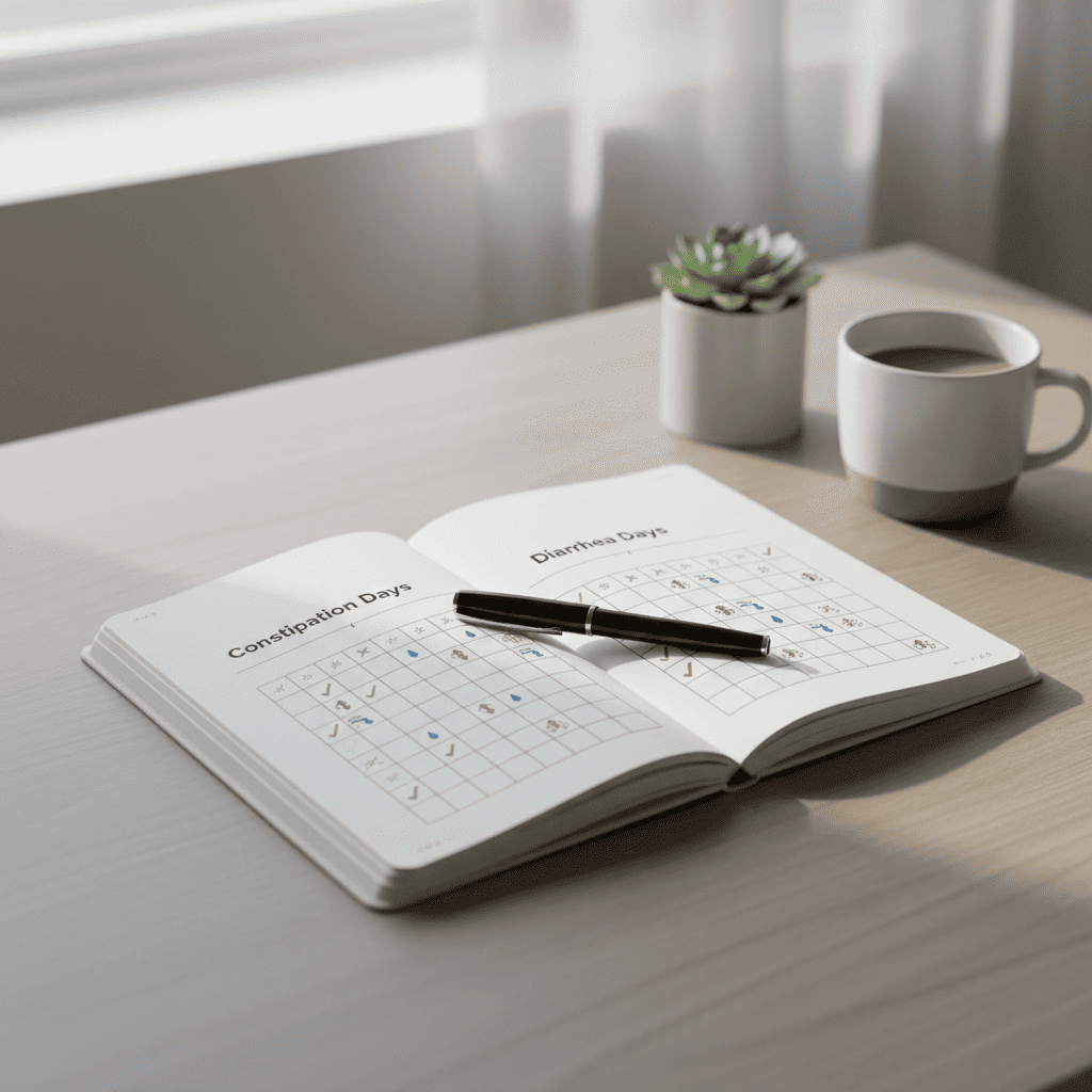 Open symptom journal with notes for constipation and diarrhea days, representing IBS-M variability tracking