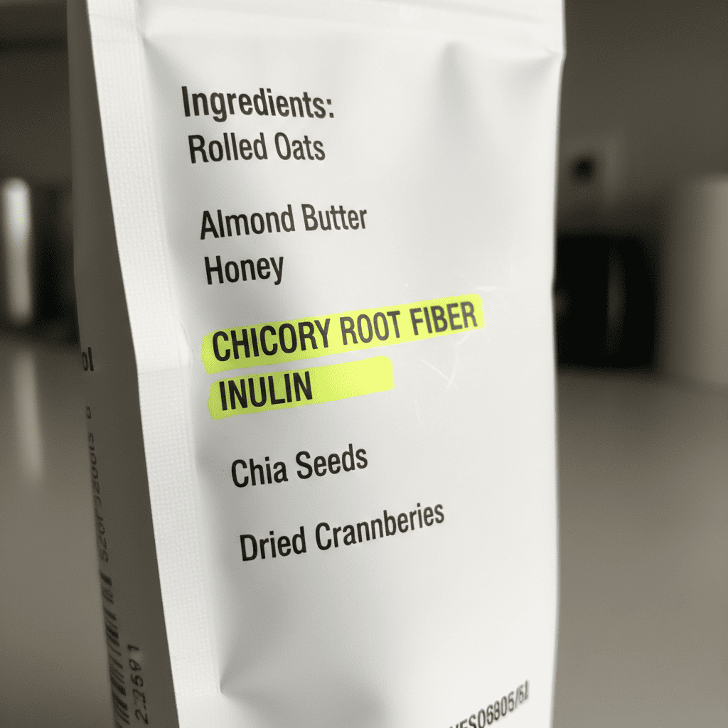 Close-up of an ingredient list with inulin or chicory root fiber highlighted