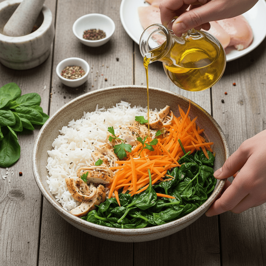 Assembling a low FODMAP meal prep bowl with rice, vegetables, and chicken
