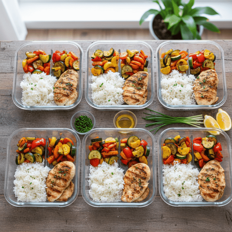 Low FODMAP meal prep containers with rice, roasted vegetables, and protein for IBS