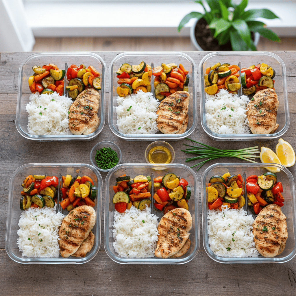 Low FODMAP meal prep containers with rice, roasted vegetables, and protein for IBS