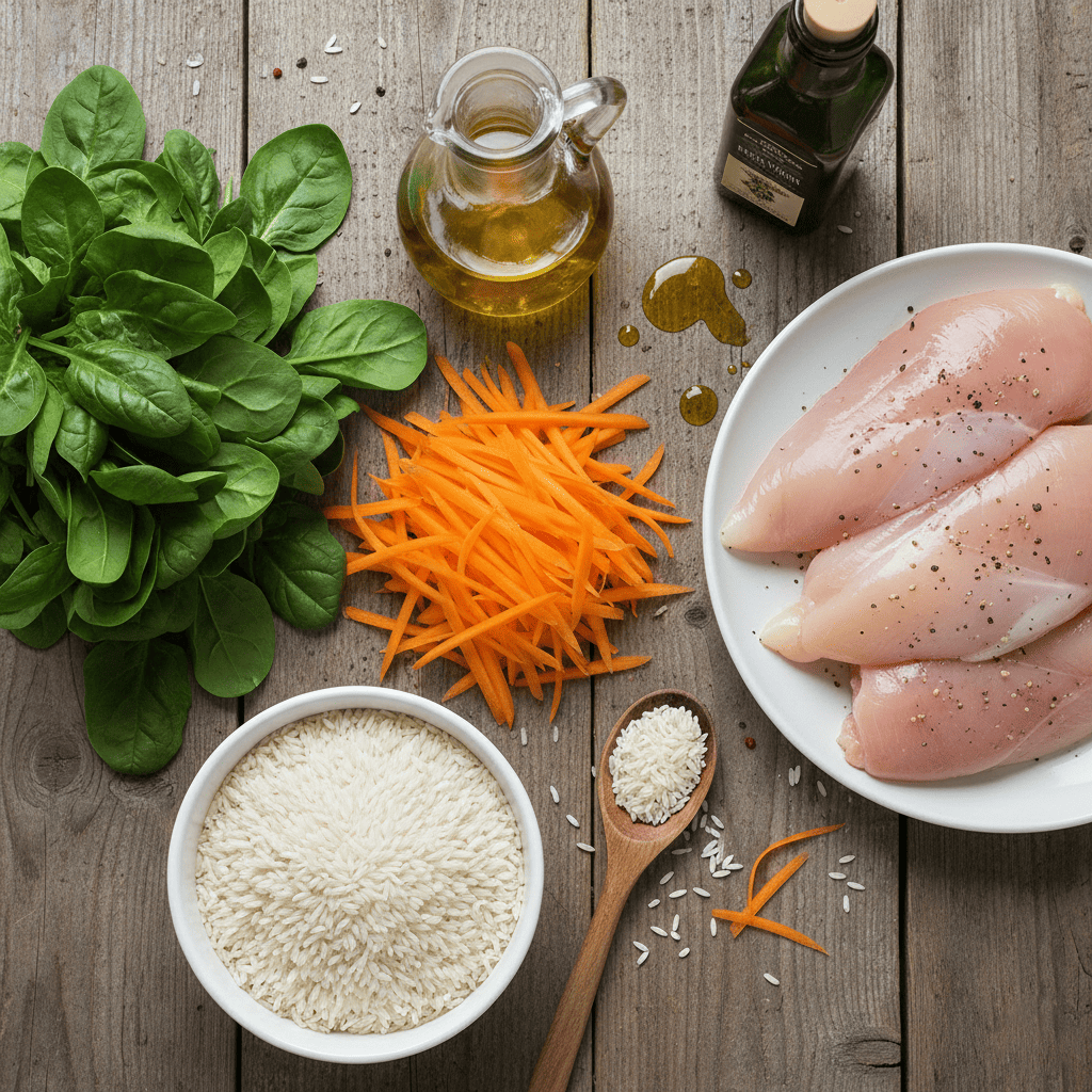 Low FODMAP meal prep ingredients including carrots, rice, chicken, spinach, and olive oil