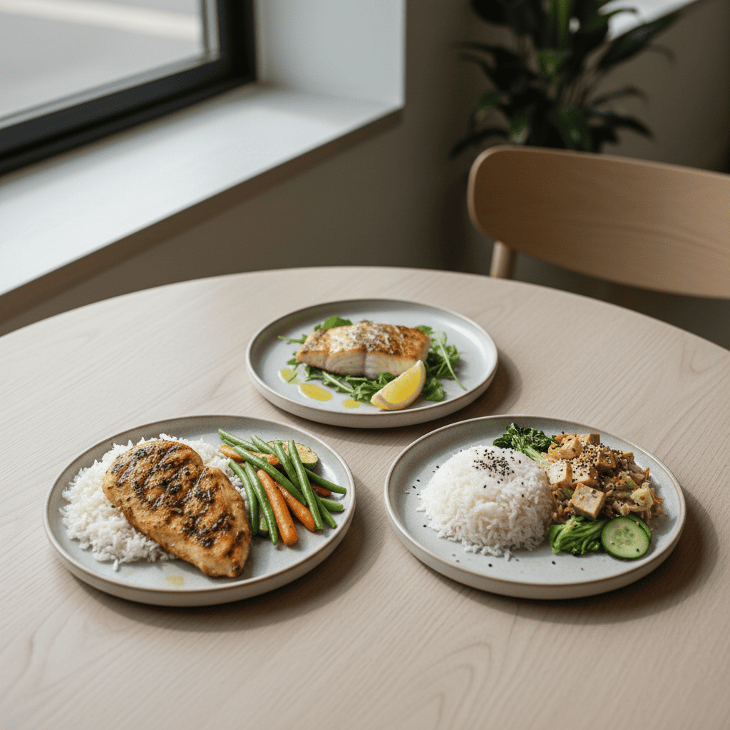 Low FODMAP-friendly restaurant meals across cuisines including grilled protein with rice and vegetables