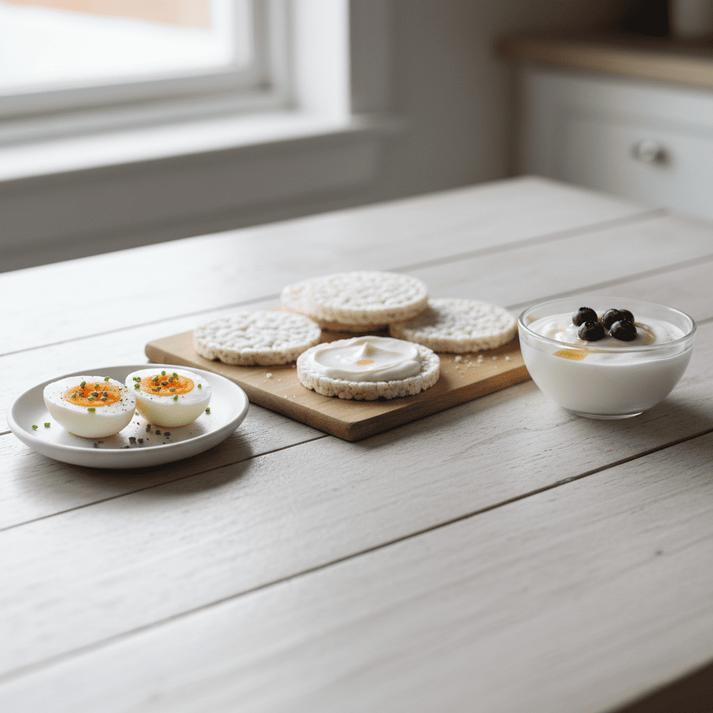 Low FODMAP snack ideas for IBS including eggs, rice cakes, and lactose-free yogurt