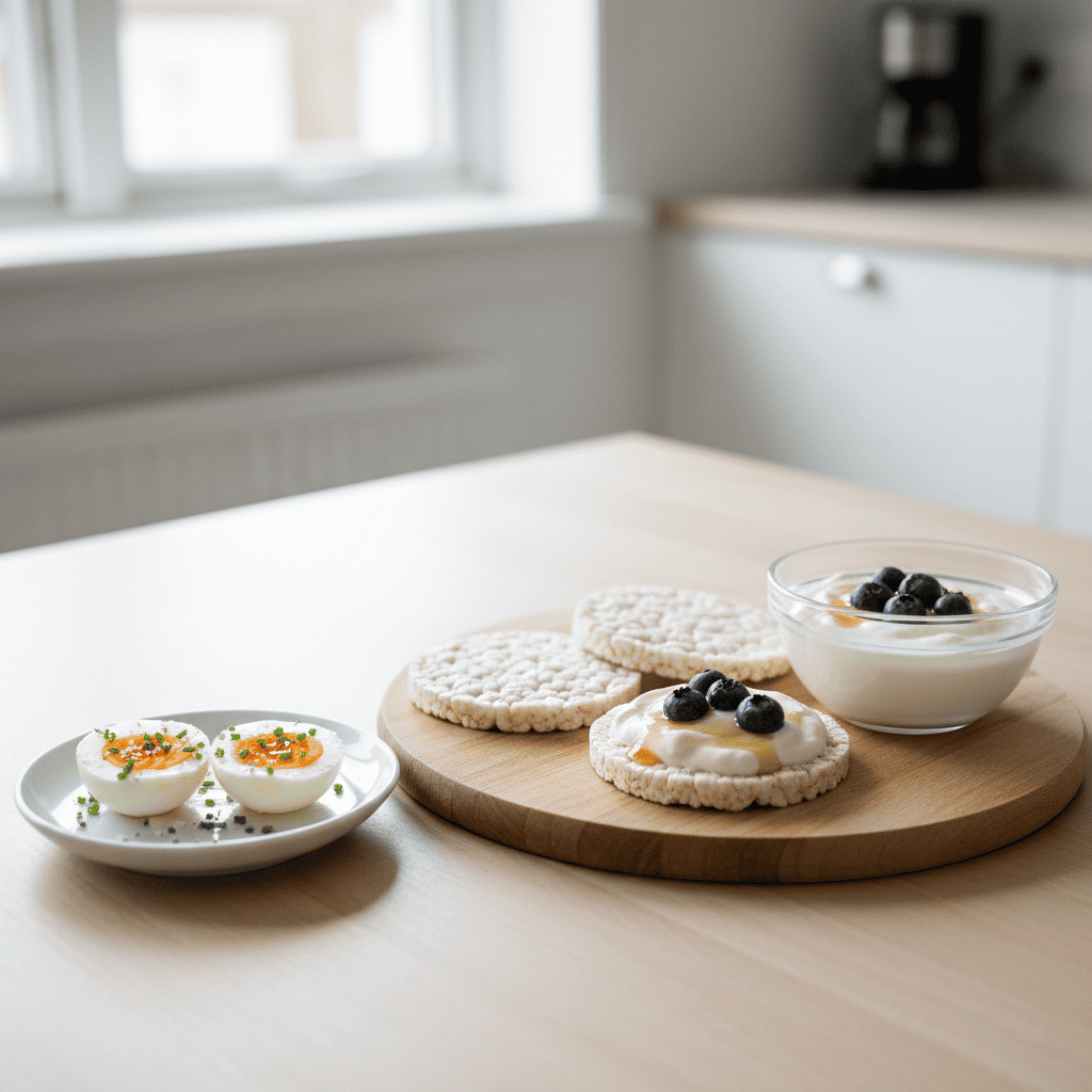 Low FODMAP snack ideas for IBS including hard-boiled eggs, rice cakes, and lactose-free yogurt