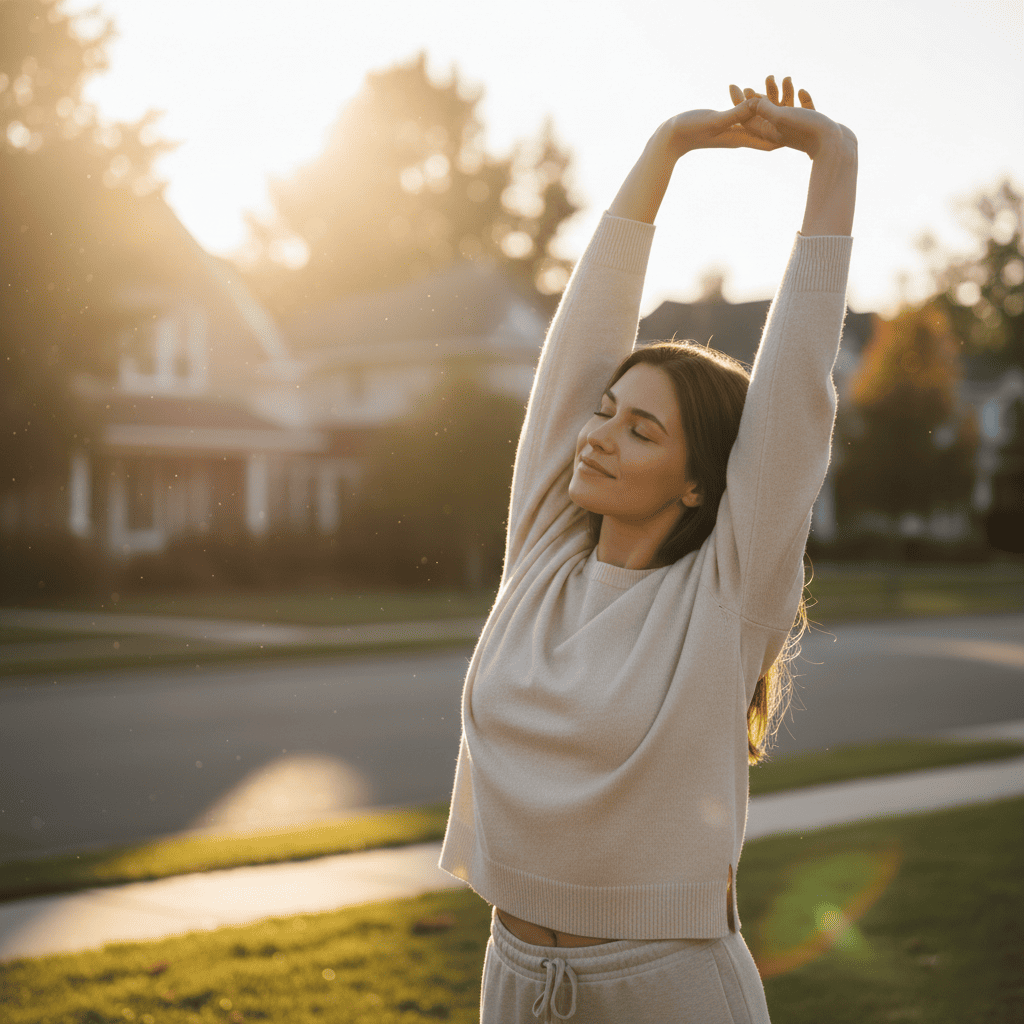 Person standing outside in morning sunlight, representing circadian rhythm reset for IBS and sleep