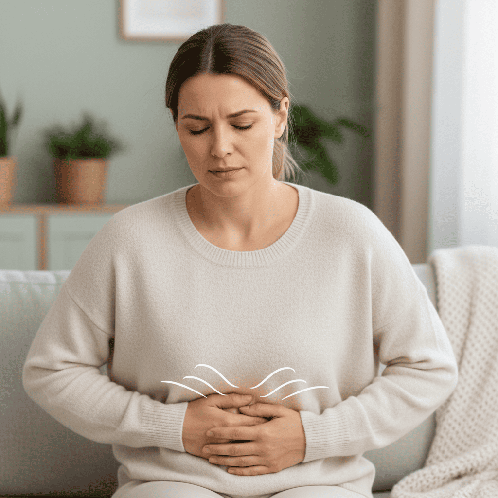 Person experiencing abdominal discomfort due to IBS symptoms such as bloating, cramping, and changes in bowel movements.