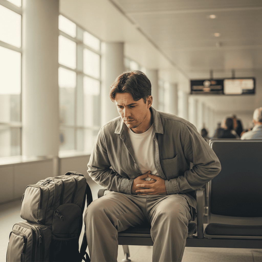 Person stressed about travel with abdominal discomfort, IBS flare-up symptoms worsening
