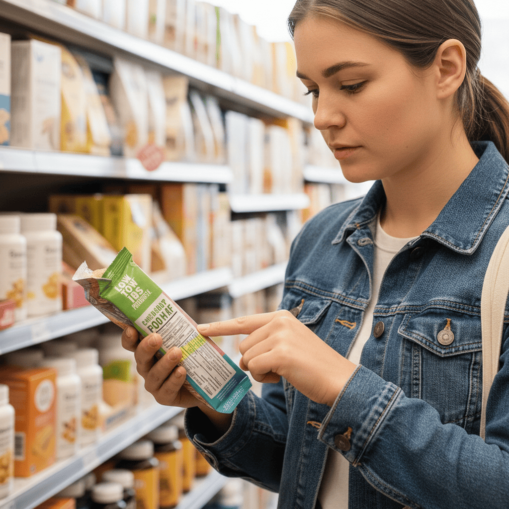Person reading a packaged food label in a grocery store for IBS-friendly choices