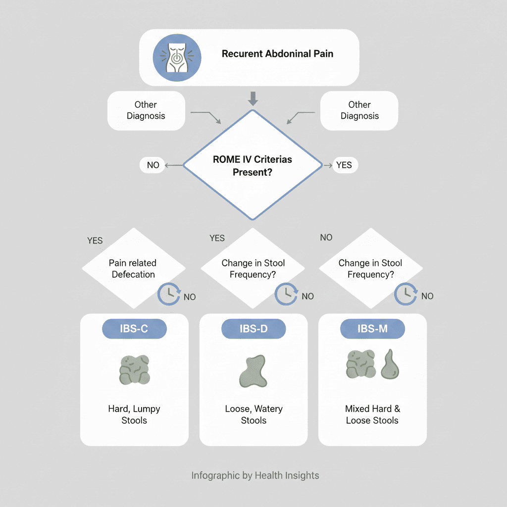 Rome IV criteria breakdown for IBS diagnosis, highlighting abdominal pain and stool pattern changes.